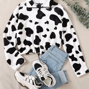 Cow pattern half zip teddy sweatshirt